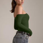 OQQ Bodysuits Womens Off-Shoulder Long Sleeve Seamless Shapewear Tops Armygreen