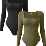 OQQ Women's 2 Piece Bodysuits Sexy Ribbed One Piece Square Neck Long Sleeve Tops