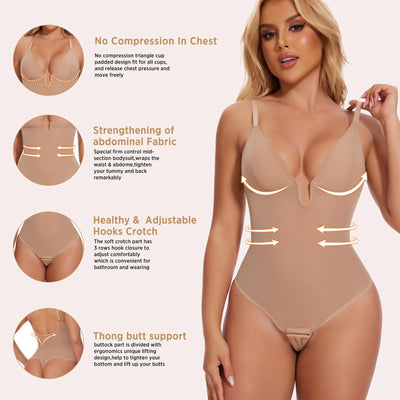 JOYSHAPER Women's Backless Shapewear For Wedding Dress V Neck Low Back Strapless Shapewear Bodysuit U Plunge Bodysuit Nude M