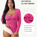 FeelinGirl Compression Long Sleeve Shirts for Women Shapewear Tummy Control Slimming Body Shaper V Neck Shapewear Top Pink Large