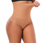 Werena Tummy Control Thong Shapewear for Women High Waisted Body Shaper Panties Shaping Thong Girdle Underwear(04# High Rise Lace Latte(smoothing),Large)