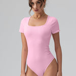 OQQ Women Bodysuits Ruched Short Sleeve Square Neck Stretch Lounge Travel Bodysuits Pink cherry blossom