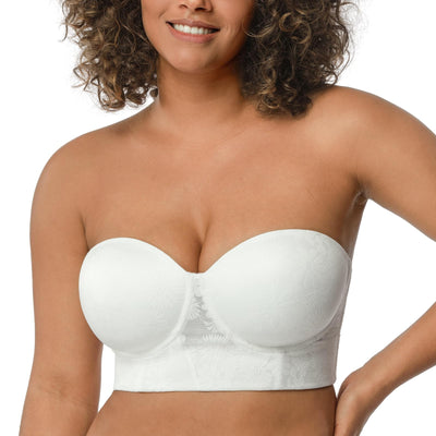 HSIA Strapless Bras for Women, Longline Corset for Large Bust Plus Size Supportive Bustier Minimizer Convertible Bandeau, Lace White Style 34DD