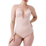 SPANX SPANXshape Suit Your Fancy Plunge Low-Back Thong Bodysuit - Comfortable One Piece - Medium Compression - Seamless - Champagne Beige - L