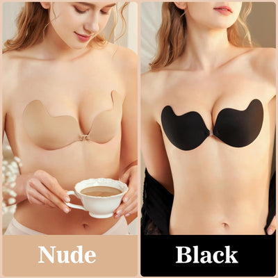 TEAWOO 4-Pack Cleavage Bra, Push Up Sticky Bra Set – Strapless Backless Invisible Adhesive Bras for Women D Cup Black/Nude
