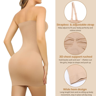 JOYSHAPER Strapless Shapewear Black Slip Dresses for Women Tummy Control Slips Full Body Shaper Under Dress Slip (Beige, Large)