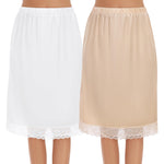 Lovasy 2 Pieces Half Slips for Women Long Underskirt Anti Static Satin Under Skirt with Floral Lace Trim Slip Dress for Skirts Dresses White & Nude,Medium