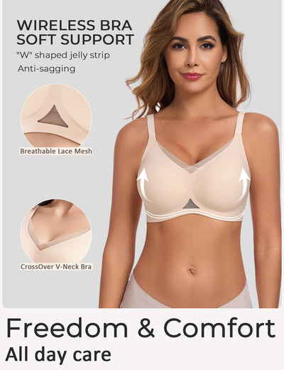 Gailife Womens Wireless V Mesh Comfortable Bra Seamless Bralette Push Up Bras No Underwire Supportive Tshirt Everyday Bras Black&Nude 3XL