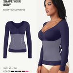 FeelinGirl Compression Shirts Woman Shapewear Tummy Control Long Sleeve Tops Womens Slimming Body Shaper V Neck Blue Medium