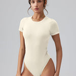 OQQ Women's Crew Neck Short Sleeve Bodysuit Ruched Stretch Vacation Basic for Tops Spring & Summer