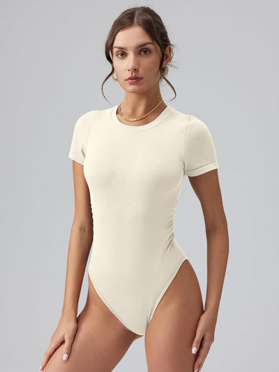 OQQ Women's Crew Neck Short Sleeve Bodysuit Ruched Stretch Vacation Basic for Tops Spring & Summer
