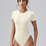 OQQ Women's Crew Neck Short Sleeve Bodysuit Ruched Stretch Vacation Basic for Tops Spring & Summer Beige