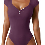 OQQ Women Bodysuit Short Cap Sleeves Tummy Control One Piece Going Out Tops