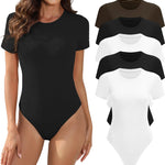 MLYENX 5 Pack Body Suits for Womens Short Sleeve Round Neck Casual Stretchy Basic T Shirt Bodysuit Tops