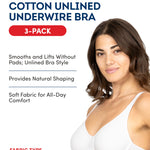 Fruit of the Loom Women's Unlined Underwire Bra - Cotton & Spandex Blend for Natural Shape and Flexibility, Blk/ White 86ck/ Grey Heather, 38DD