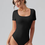 OQQ Women Bodysuits Ruched Short Sleeve Square Neck Stretch Lounge Travel Bodysuits Black