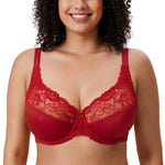 DELIMIRA Women's Plus Size Full Coverage Underwire Unlined Minimizer Lace Bra Dark Red 36E
