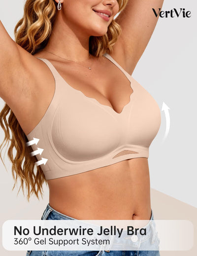 Vertvie Bras for Women Wireless Jelly Push Up Seamless Bra Full Coverage No Underwire Supportive Scalloped T Shirt Bralette(Nude,XX-Large)