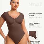 FeelinGirl Tummy Control Bodysuit V Neck Short Sleeve Soft Shapewear for All-Day Wear Butt Lift Thong Shaper for Going Out Dark Brown XS