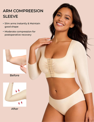 EUYZOU Arm Compression Sleeves for Women Post Surgery Front Closure Bra Slimming Arm Lipo Shapewear Top Square Neck - Nude S