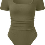 OQQ Women Bodysuits Ruched Short Sleeve Square Neck Stretch Lounge Travel Bodysuits