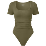 OQQ Women Bodysuits Ruched Short Sleeve Square Neck Stretch Lounge Travel Bodysuits Olive