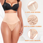 Werena Tummy Control Thong Shapewear for Women High Waist Shaping Thong Panties Body Shaper Lace Underwear (Lace Beige-5, Small)