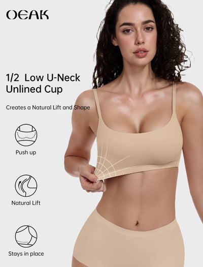 OEAK Womens Comfortable Bras No Underwire Cami Bra Seamless Unlined Bralettes Scoop Neck Unpadded Everyday Sports Tshirt Bra Beige,XL