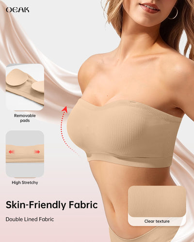 OEAK Supportive Strapless Bras for Women Push Up Wireless Bandeau Bra Non Slip Seamless Bras Comfortable Padded Bralette Nude XL