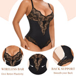 Werena Lace Tummy Control Shapewear Bodysuit for Women Slimming Body Shaper V Neck Sculpting Thong Bodysuit(A#02 Black+Beige(Sculpting),3X-Large)