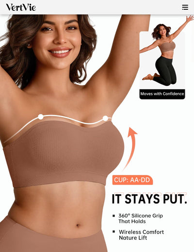 Vertvie Strapless Bra Wireless Non-Slip Push Up Bandeau Bras for Women Full Support Tube Tops Padded Bralette S-Large Breasts(Brown,Medium)