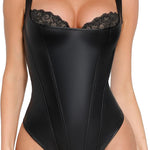 Popilush Faux Leather Shapewear Bodysuit Lace Corset Body Suits for Womens | Tummy Control Shapewear,Thong Body Shaper,Compression Bodysuit Women,Corset Tops for Country Concert,Going Out Summer Outfit