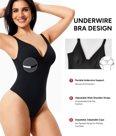 Nebility Shapewear Bodysuits for Women Tummy Control Body Shaper Deep V Neck Thong Body Suits (Black,Large)