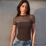 OQQ Women Short Sleeve Bodysuit Tummy Control Shapewear Mesh One Piece Leotard Shirts Going Out Tops Darkbrown