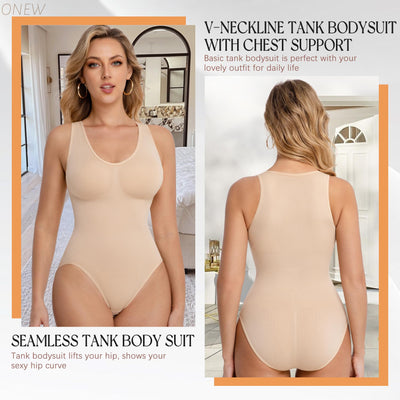 ONEW Shapewear Bodysuit for Women Tummy Control Seamless Body Suits Deep V Neck Body Shaper Going Out,Beige,Medium