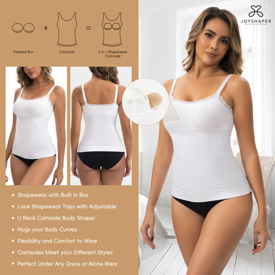 JOYSHAPER Shapewear for Women Tank Tops With Built In Bra Tank Tops for Women Shapewear Camisole Cami Shaper With Padded Bra Compression Body Shaper White M