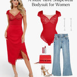 Popilush Lace Tops for Women Body Suits Tummy Control Shapewear Bodysuit V Neck Holiday Party Date Night Outfit Thong Body Shaper