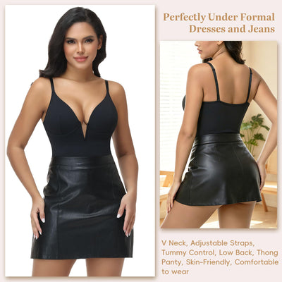 JOYSHAPER Body Shaper for Women Low Cut Body Suit V Neck Shapewear Bodysuit Plunge Shapewear Backless Slimming Girdles Bodysuits Top for Wedding Evening Dress Black XL
