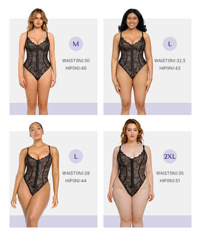 SHAPELLX Lace Bodysuit for Women Tummy Control Shapewear Backless Body Suits Thongs with 3 Hook Eyes Black Large