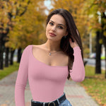 OQQ Women Bodysuit Contrast-Trim Square Neck Long Sleeve Stretch Bodysuit Tops Dusty pink