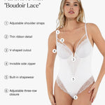Popilush White Corset Lace Body Suits Womens Shapewear Tummy Control Thong Bodysuits V Neck Underwired Side Zipper Party Club Going Out Outfits