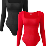 OQQ Women's 2 Piece Bodysuits Sexy Ribbed One Piece Square Neck Long Sleeve Tops