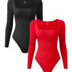 OQQ Women's 2 Piece Bodysuits Sexy Ribbed One Piece Square Neck Long Sleeve Tops Black Red