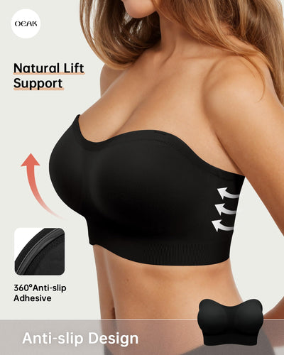 OEAK Supportive Strapless Bras for Women Push Up Wireless Bandeau Bra Non Slip Seamless Bras Comfortable Padded Bralette Black XS
