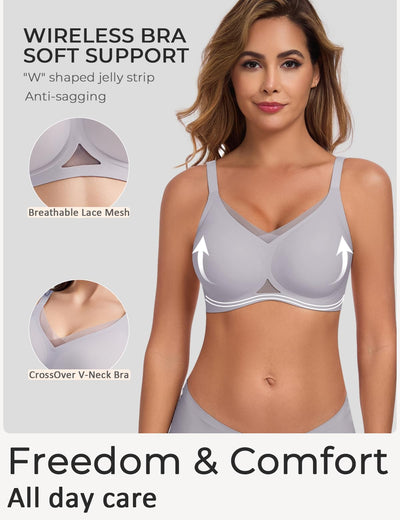 Gailife Womens Wireless V Mesh Comfortable Bra Seamless Bralette Push Up Brassiere No Underwire Supportive Tshirt Everyday Bra, Grey, L