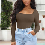 OQQ Women's 2 Piece Bodysuits Sexy Ribbed One Piece Square Neck Long Sleeve Tops Coffee Beige