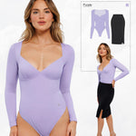 Popilush Long Sleeve Purple Bodysuit for Women Tummy Control Thong Shapewear V Neck Shirt Going Out Tops