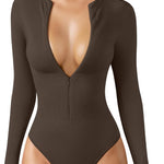 OQQ Women's Bodysuit Tops Invisible Zip Long Sleeve Crew Neck Bodysuits