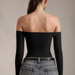 OQQ Bodysuits Womens Off-Shoulder Long Sleeve Seamless Shapewear Tops Black