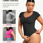 FeelinGirl Women's Shapewear Bodysuit Daily Wear Bodysuit V Neck Short Sleeve Seamless Shapewear for Office And Casual Outfits Black M